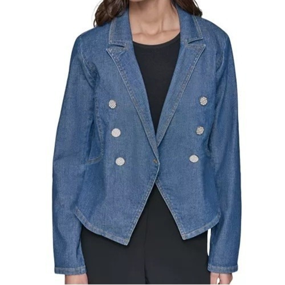 Karl Lagerfeld Asymmetric Denim Blue Blazer Single Breasted Womens Size 12